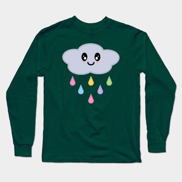 Kawaii Cute Rainbow Raindrop Rain Cloud in Green Long Sleeve T-Shirt by Kelly Gigi